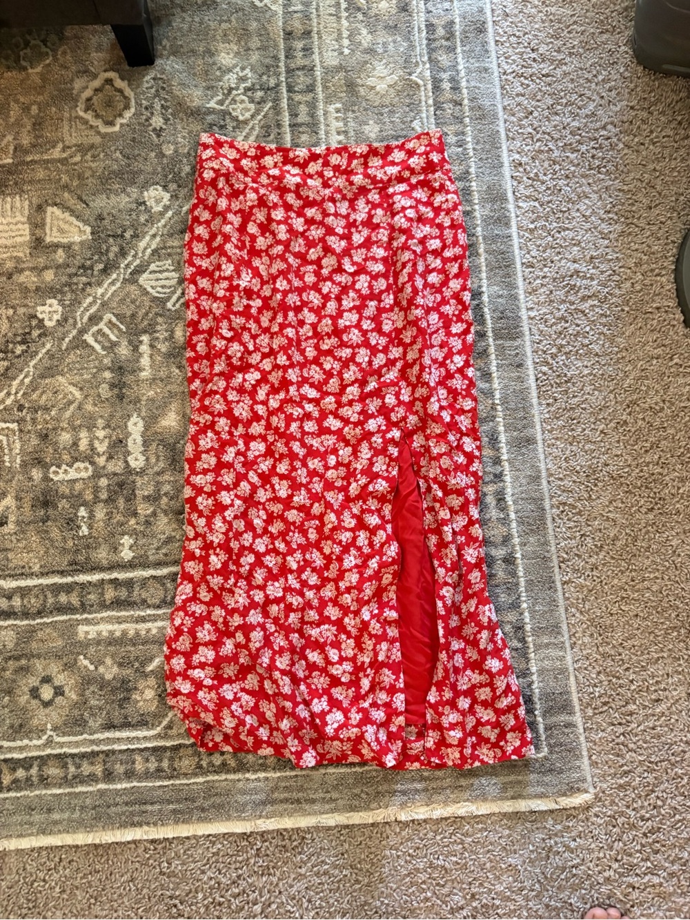 Sezane Silk Red Floral Midi Skirt with Side Slit